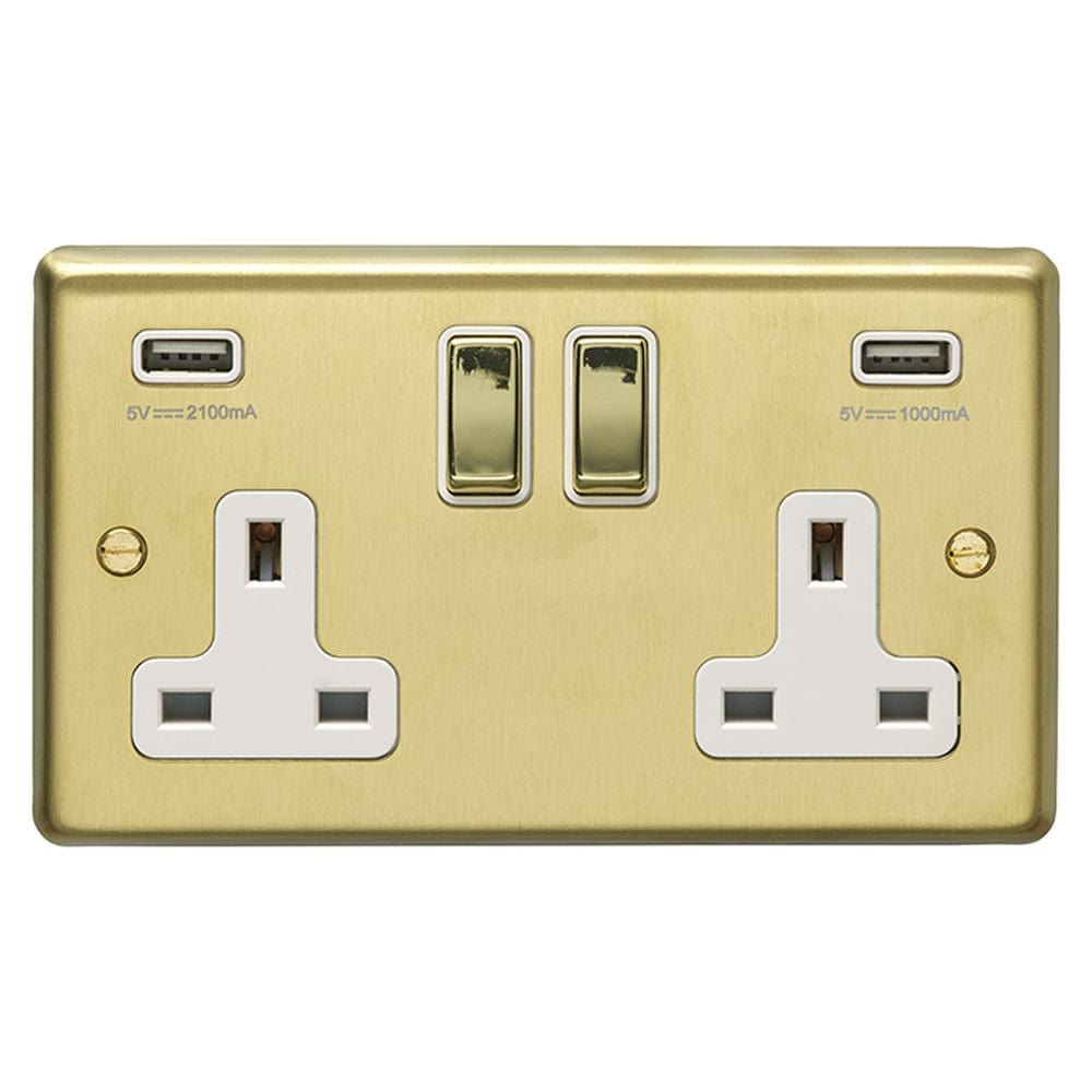 EuroLite Electrical Satin Brass / 2 Gang USB Socket / (With White Trim) Eurolite Stainless Steel 2 Gang USB Socket - Satin Brass (With White Trim)