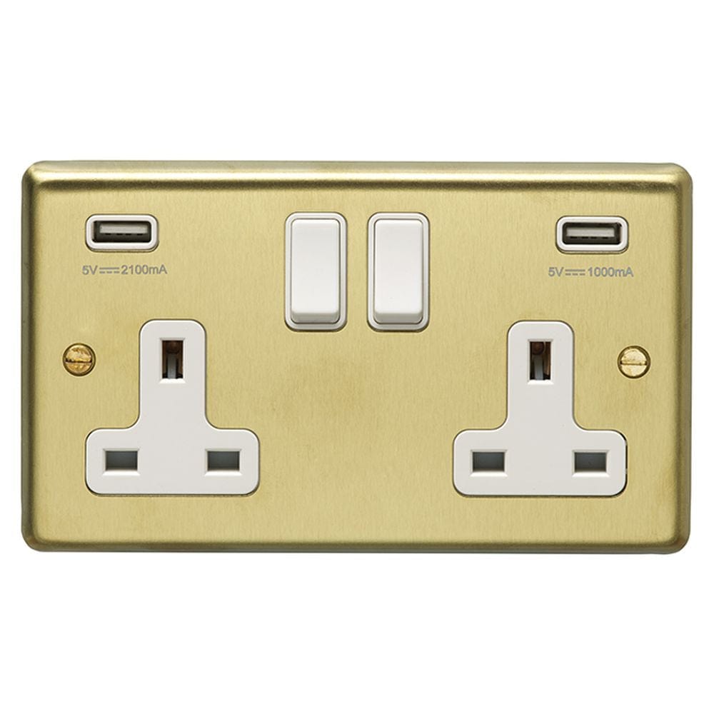 EuroLite Electrical Satin Brass / 2 Gang USB Socket / (With White Trim) Eurolite Stainless Steel 2 Gang USB Socket - Satin Brass (With White Trim)