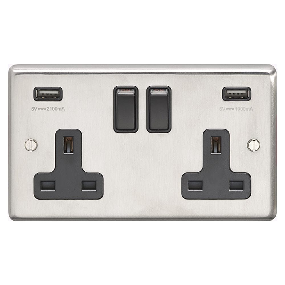 EuroLite Electrical Satin Stainless Steel / 2 Gang USB Socket / (With Black Trim) Eurolite Stainless Steel 2 Gang USB Socket - Satin Stainless Steel (With Black Trim)