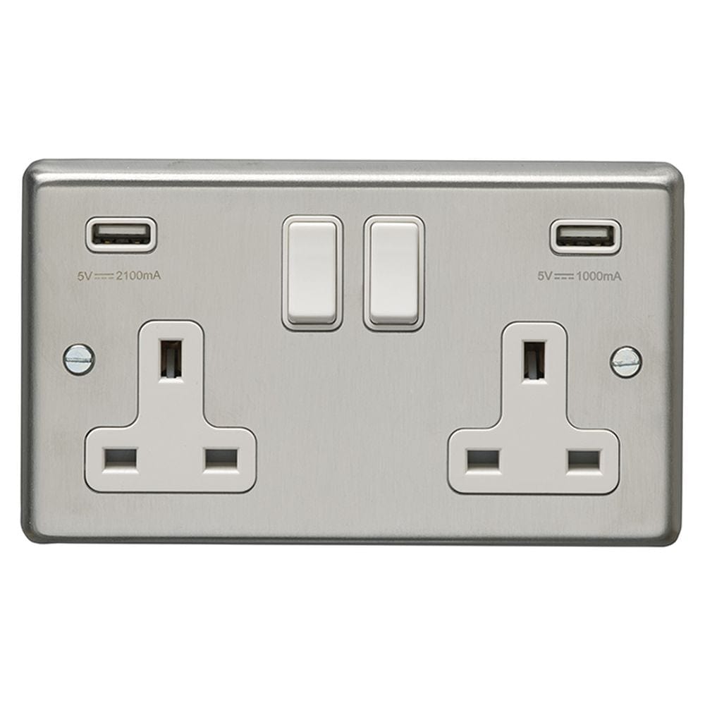 EuroLite Electrical Satin Stainless Steel / 2 Gang USB Socket / (With White Trim) Eurolite Stainless Steel 2 Gang USB Socket - Satin Stainless Steel (With White Trim)