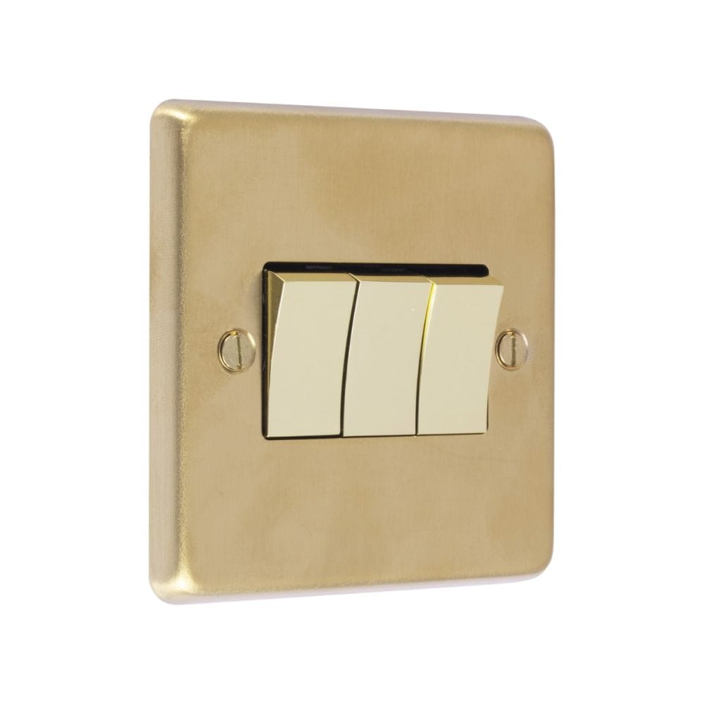 EuroLite Electrical Satin Brass / 3 Gang Switch / (With White Trim) Eurolite Stainless Steel 3 Gang Switch - Satin Brass (With White Trim)