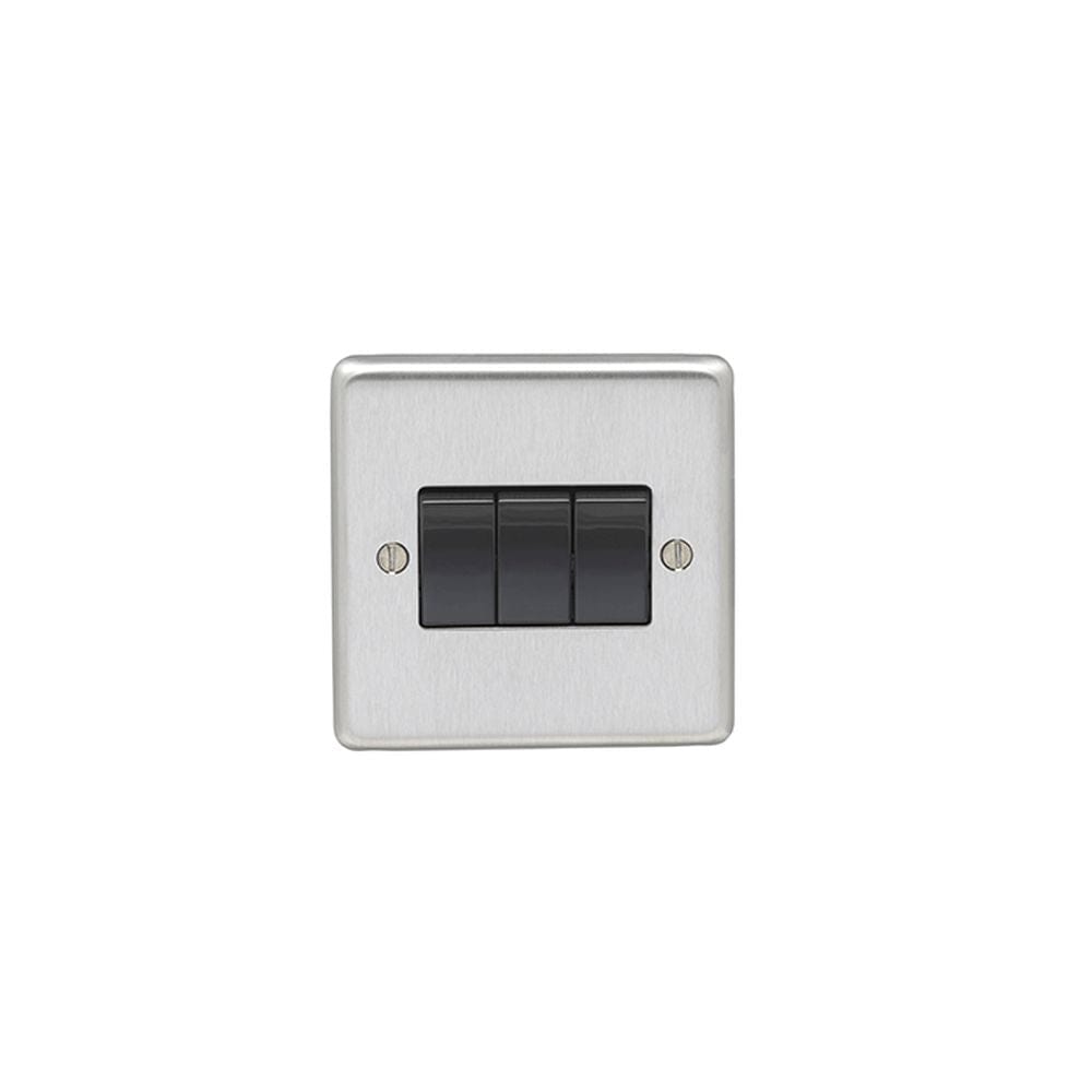 EuroLite Electrical Satin Stainless Steel / 3 Gang Switch / (With Black Trim) Eurolite Stainless Steel 3 Gang Switch - Satin Stainless Steel (With Black Trim)