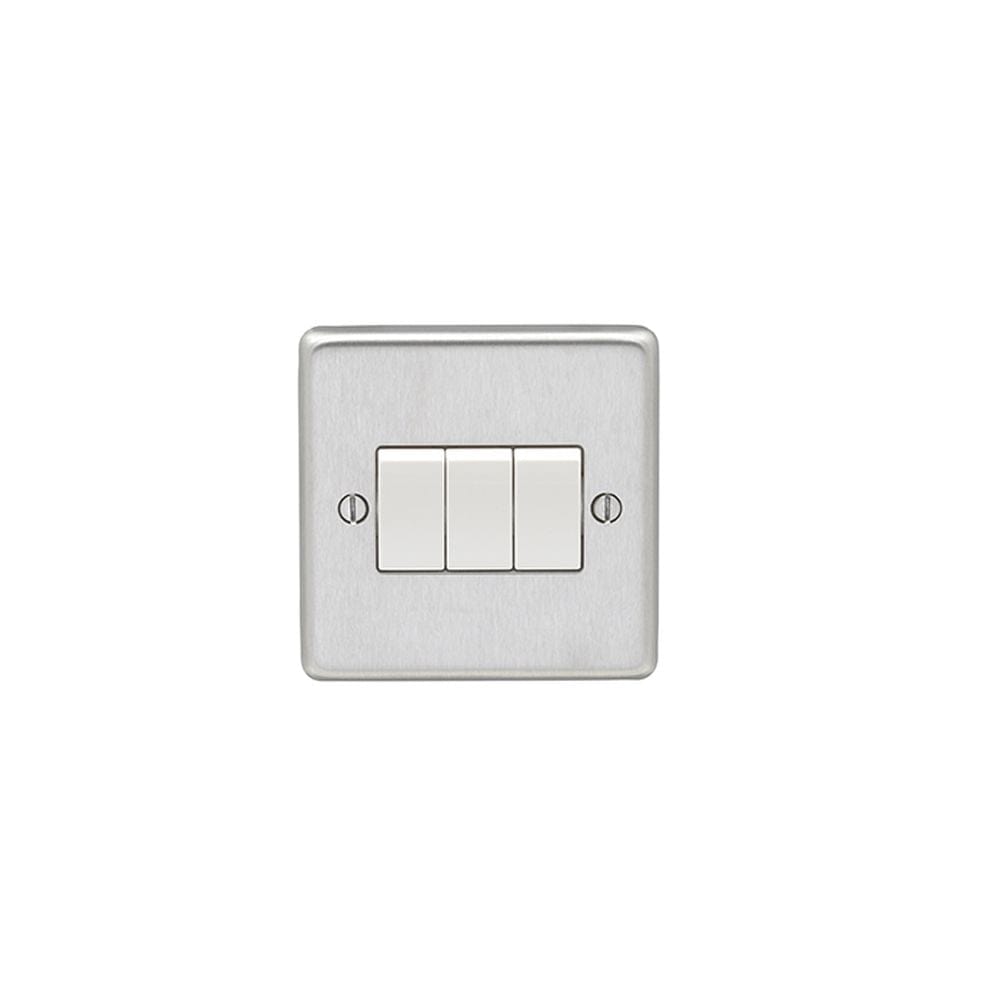 EuroLite Electrical Satin Stainless Steel / 3 Gang Switch / (With White Trim) Eurolite Stainless Steel 3 Gang Switch - Satin Stainless Steel (With White Trim)