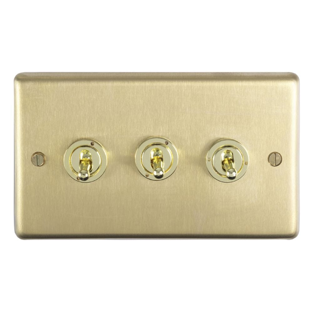 EuroLite Electrical Satin Brass / 3 Gang Toggle Switch / (With White Trim) Eurolite Stainless Steel 3 Gang Toggle Switch - Satin Brass (With White Trim)