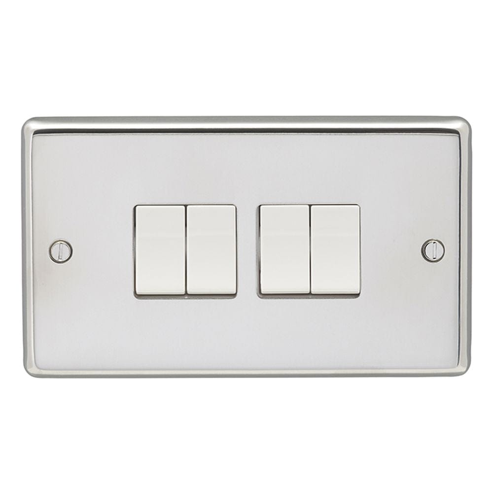 EuroLite Electrical Polished Stainless Steel / 4 Gang Switch / (With White Trim) Eurolite Stainless Steel 4 Gang Switch - Polished Stainless Steel (With White Trim)