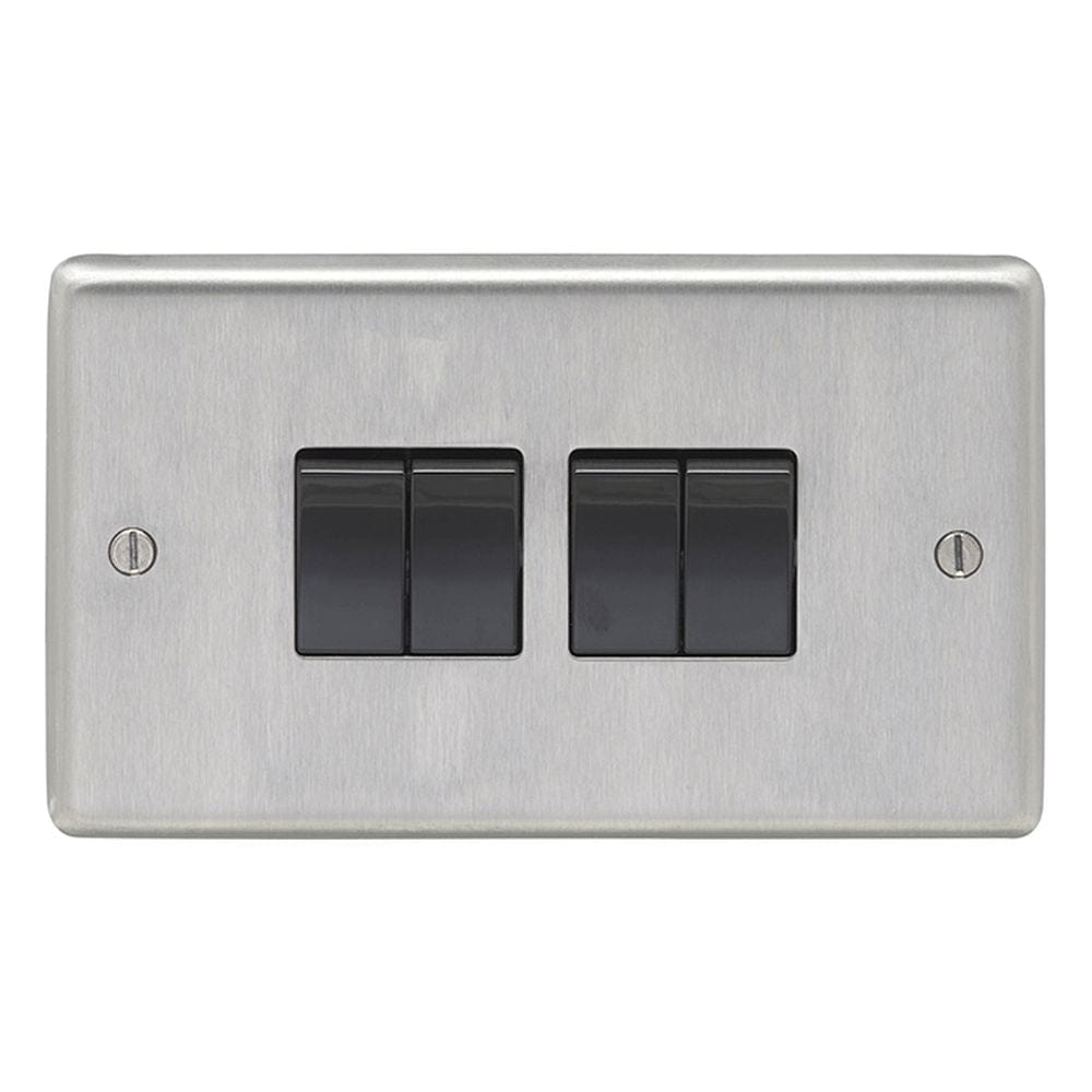 EuroLite Electrical Satin Stainless Steel / 4 Gang Switch / (With Black Trim) Eurolite Stainless Steel 4 Gang Switch - Satin Stainless Steel (With Black Trim)