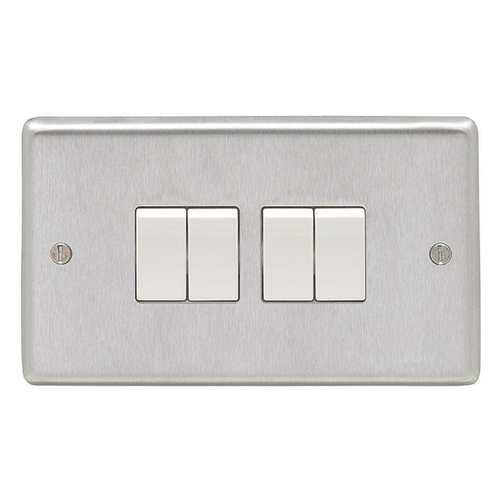 EuroLite Electrical Satin Stainless Steel / 4 Gang Switch / (With White Trim) Eurolite Stainless Steel 4 Gang Switch - Satin Stainless Steel (With White Trim)