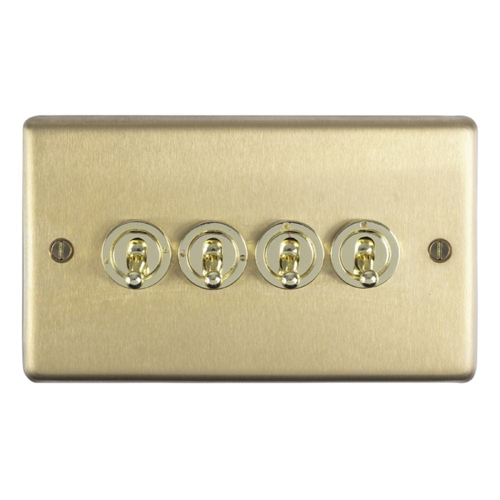 EuroLite Electrical Satin Brass / 4 Gang Toggle Switch / (With White Trim) Eurolite Stainless Steel 4 Gang Toggle Switch - Satin Brass (With White Trim)