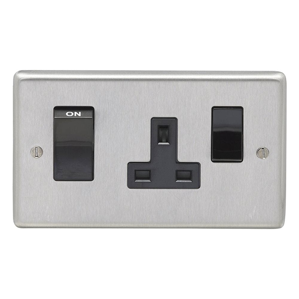 EuroLite Electrical Satin Stainless Steel / 45Amp Switch with a socket / (With Black Trim) Eurolite Stainless Steel 45Amp Switch with a socket - Satin Stainless Steel (With Black Trim)