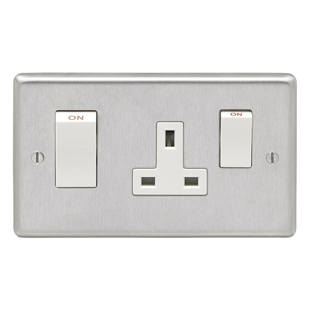 EuroLite Electrical Satin Stainless Steel / 45Amp Switch with a socket / (With White Trim) Eurolite Stainless Steel 45Amp Switch with a socket - Satin Stainless Steel (With White Trim)