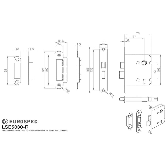 Eurospec Locks & Latches Satin Nickel / 3 Lever Sashlocks / 3" / 76mm Eurospec - Contract 3 Lever Sashlock Radius 76mm - Satin Nickel