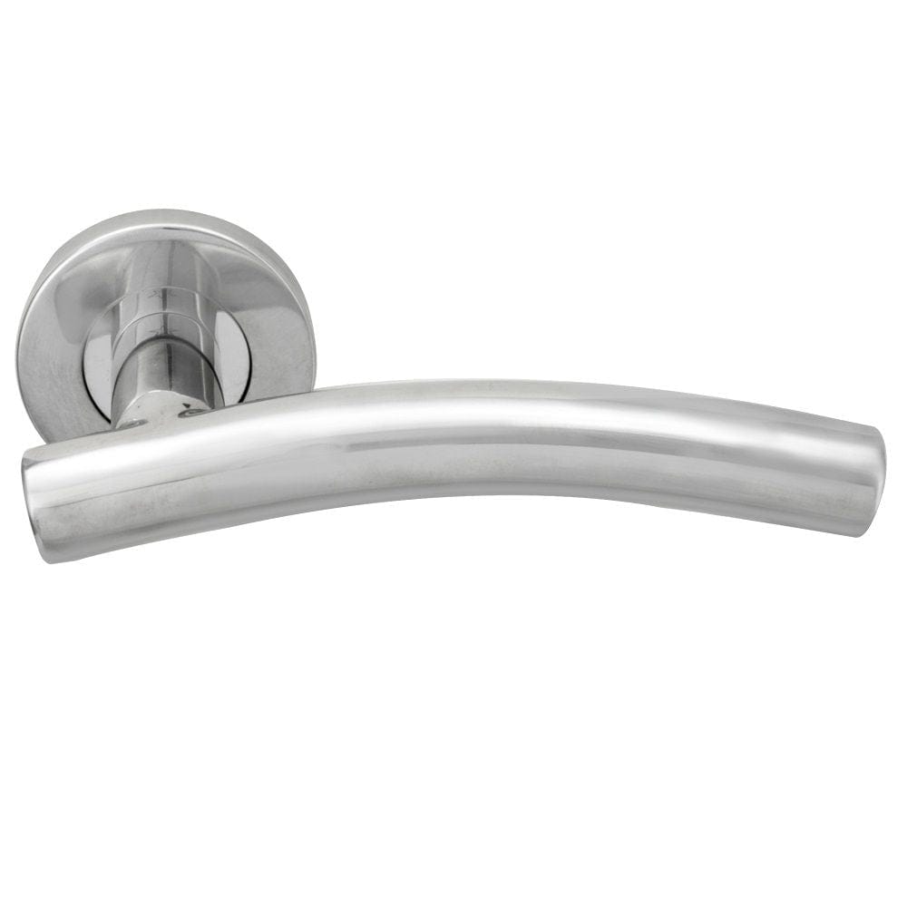 Eurospec Door Furniture Polished Stainless Steel / Round Rose Eurospec - Curved Lever on Sprung Rose - Bright Stainless Steel