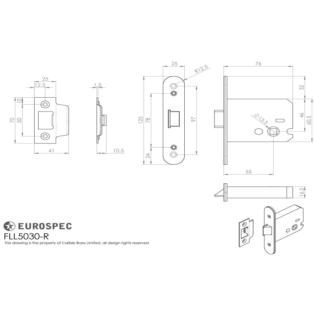 Eurospec Locks & Latches Satin Stainless Steel / Mortice Flat Latch / 3" Eurospec - Easi-T Flat Latch 76mm Radius - Satin Stainless Steel