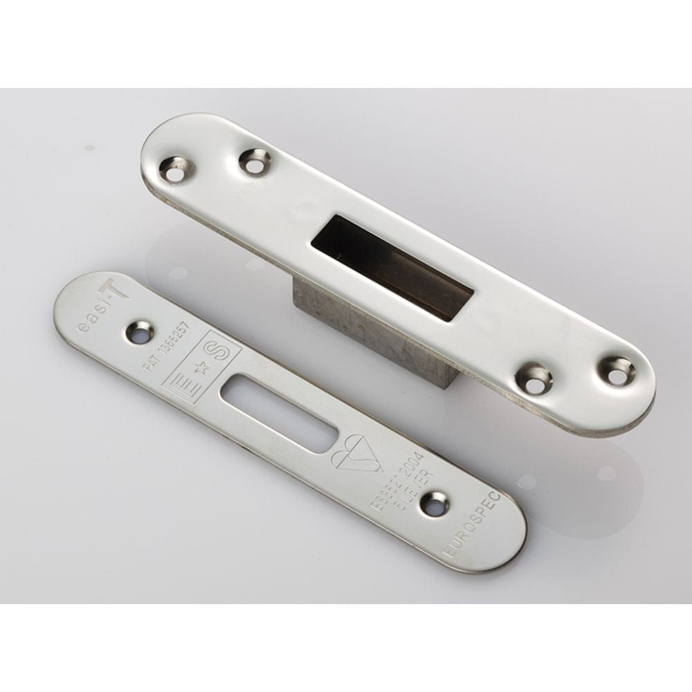 Eurospec Locks & Latches Bright Stainless Steel / Fixing Packs Eurospec - Easi T Forend Strikes & Fixing Pack To Suit BS 5 Lever Deadlock-Brigh