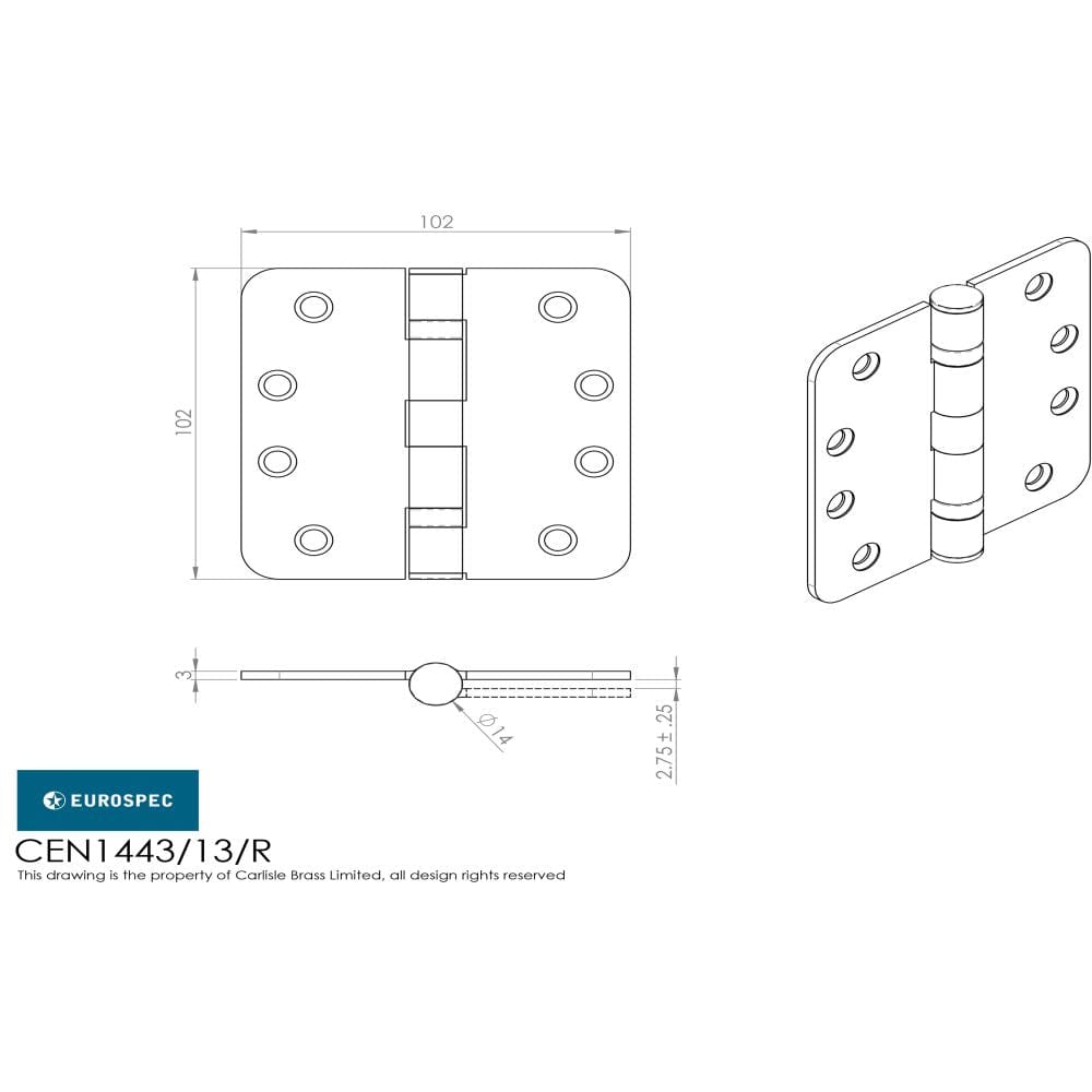 Eurospec Hinges Satin Stainless Steel / Ball Bearing Hinges / 4" x (102mm) Eurospec - Enduro Grade 13 Ball Bearing Hinge, (Radius) Grade 316 - SSS