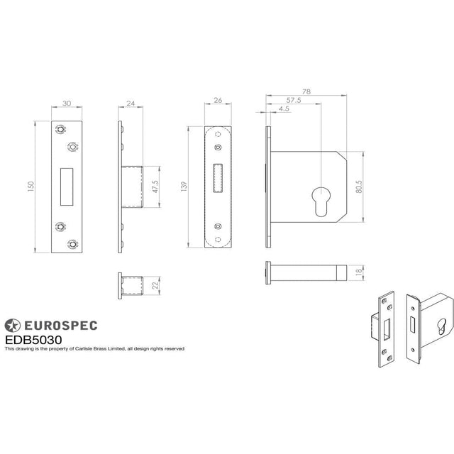 Eurospec Locks & Latches Stainless Brass / Euro Profile Deadlocks / 3" / 76mm Eurospec - Euro Profile BS Cylinder Deadlock 76mm - Stainless Brass