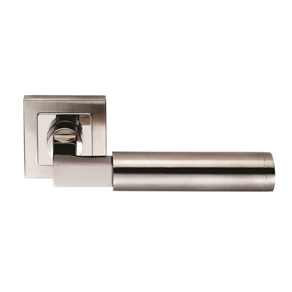 Eurospec Door Furniture Bright/Satin Stainless Steel / Square Rose Eurospec - Fagus Designer Lever on Sprung Square Rose - Bright/Satin Stainless S