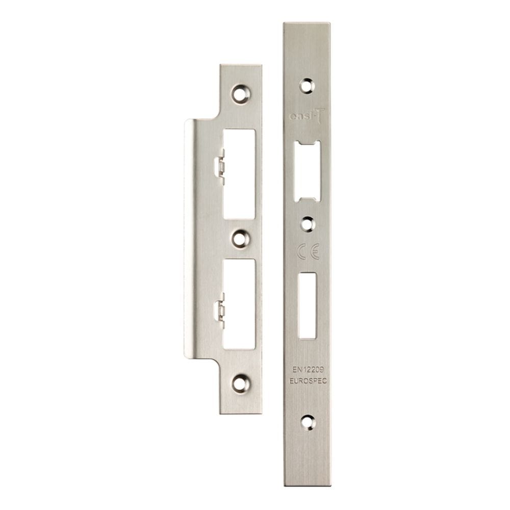 Eurospec Locks & Latches Satin Stainless Steel / DIN Accessory Pack Eurospec - Forend Strike & Fixing Pack To Suit Din Euro Sash/Bathroom Lock-Satin