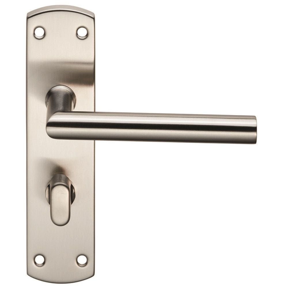 Eurospec Door Furniture Satin Stainless Steel / Bathroom Lock Handles Eurospec - Steelworx Residential Mitred Lever on WC Backplate - Satin Stainless