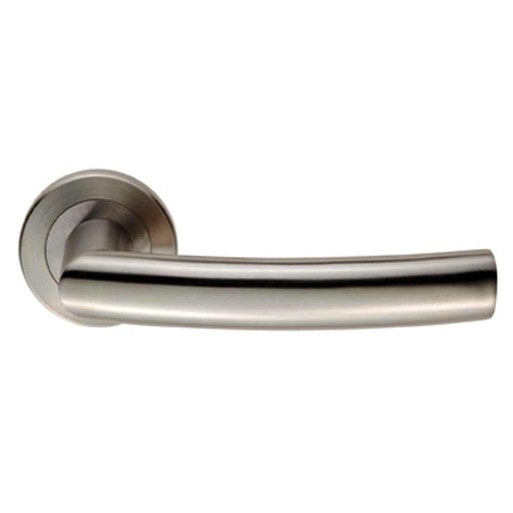 Eurospec Door Furniture Satin Stainless Steel / Round Rose Eurospec - Steelworx SWL Scimitar Lever on Rose - Satin Stainless Steel