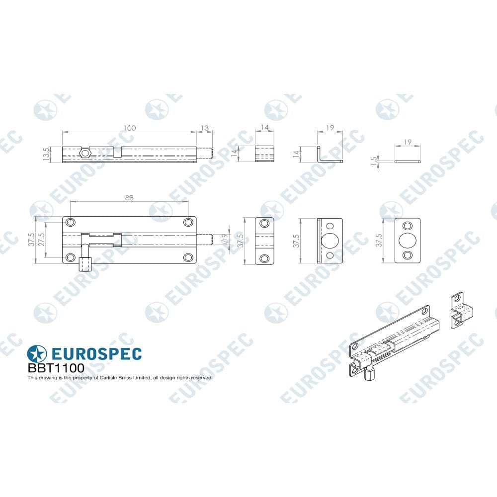 Eurospec Accessories Polished Stainless Steel / Straight Surface Bolts Eurospec - Straight Barrel Bolt - Bright Stainless Steel