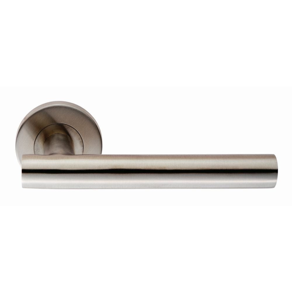 Eurospec Door Furniture Satin Stainless Steel / Round Rose Eurospec - Straight Lever on Sprung Rose - Satin Stainless Steel