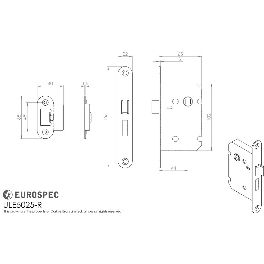 Eurospec Locks & Latches Nickel Plated / Upright Mortice Latch / 2.5" Eurospec - Upright Latch Radius 64mm - Nickel Plate