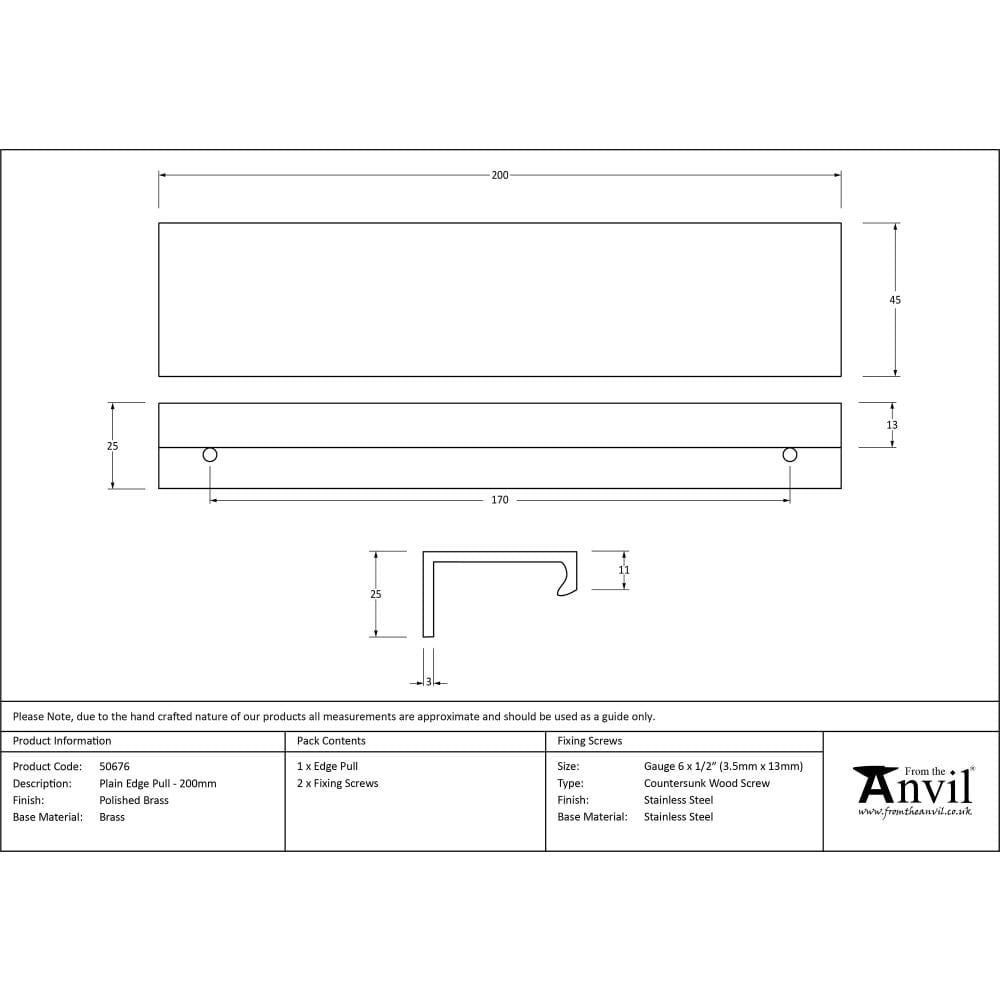 From The Anvil Cabinet Hardware Aged Brass / Edge Pull / 200mm From The Anvil - Aged Brass 200mm Plain Edge Pull