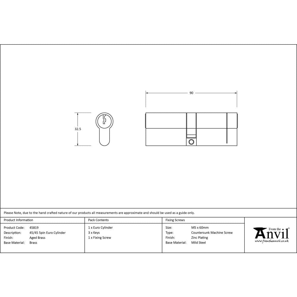 From The Anvil Locks & Latches Aged Brass / Euro Double Cylinders / 45 x 45mm From The Anvil - Aged Brass 45/45 5pin Euro Cylinder