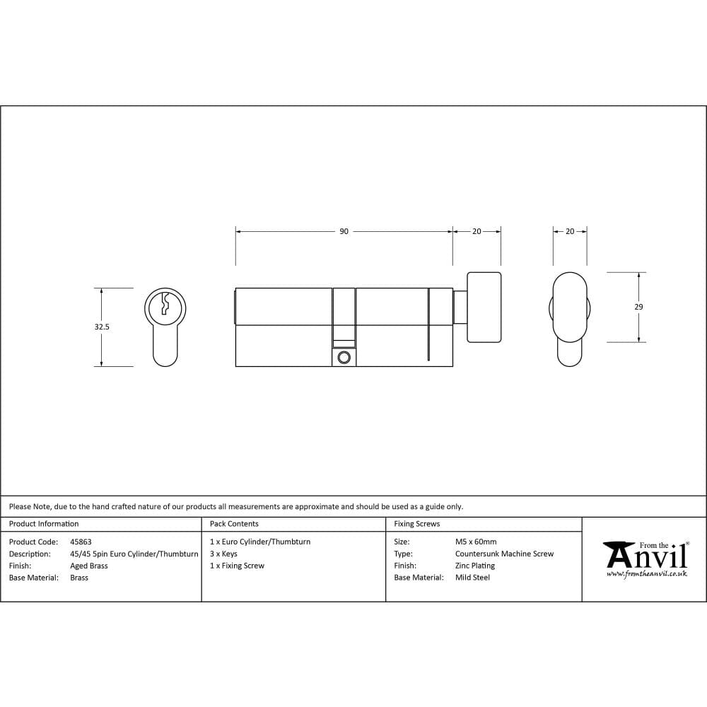 From The Anvil Locks & Latches Aged Brass / Euro Cylinder & Turn / 45 x 45mm From The Anvil - Aged Brass 45/45 5pin Euro Cylinder/Thumbturn