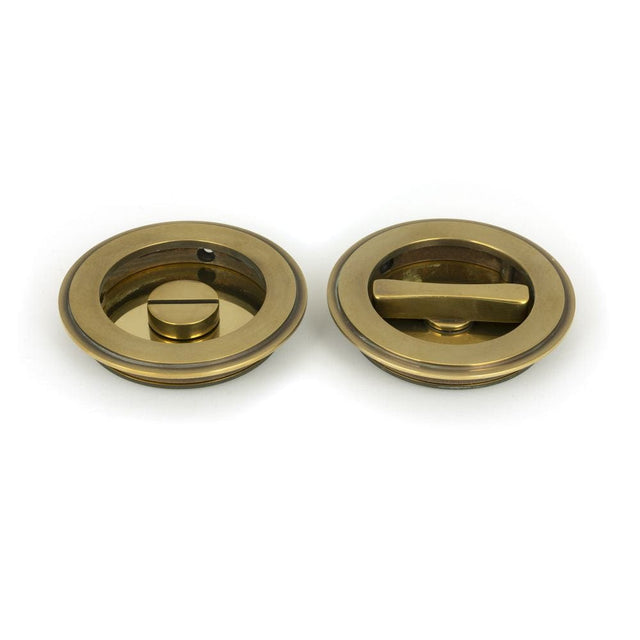 From The Anvil Door Furniture Aged Brass / Round Flush Pull (Privacy) / Round From The Anvil - Aged Brass 75mm Plain Round Pull - Privacy Set