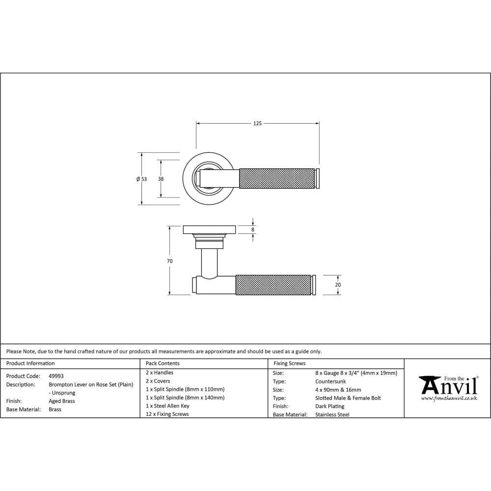 From The Anvil Door Furniture Aged Brass / Round Rose From The Anvil - Aged Brass Brompton Lever on Rose Set (Plain) - Unsprung