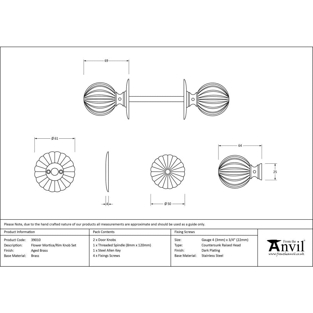 From The Anvil Door Furniture Aged Brass / Mortice/Rim Knobs From The Anvil - Aged Brass Flower Mortice/Rim Knob Set