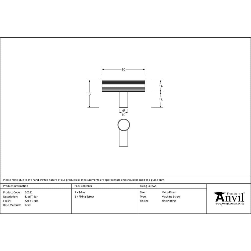 From The Anvil Cabinet Hardware Aged Brass / Cabinet T-Pulls From The Anvil - Aged Brass Judd T-Bar
