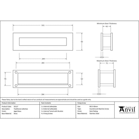 From The Anvil Door Furniture Aged Brass / Sleeved Letterbox / 315 x 92mm From The Anvil - Aged Brass Traditional Letterbox