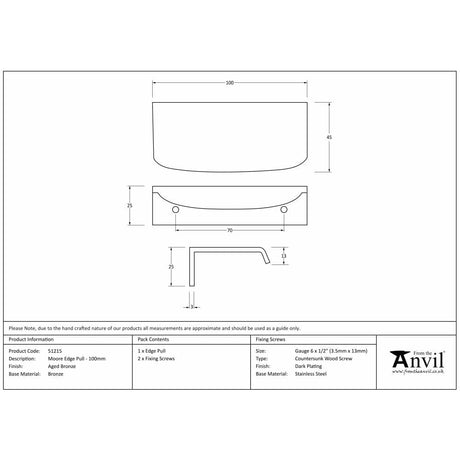From The Anvil Cabinet Hardware Aged Bronze / Edge Pull / 100mm From The Anvil - Aged Bronze 100mm Moore Edge Pull