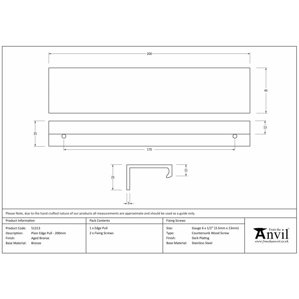 From The Anvil Cabinet Hardware Aged Bronze / Edge Pull / 200mm From The Anvil - Aged Bronze 200mm Plain Edge Pull