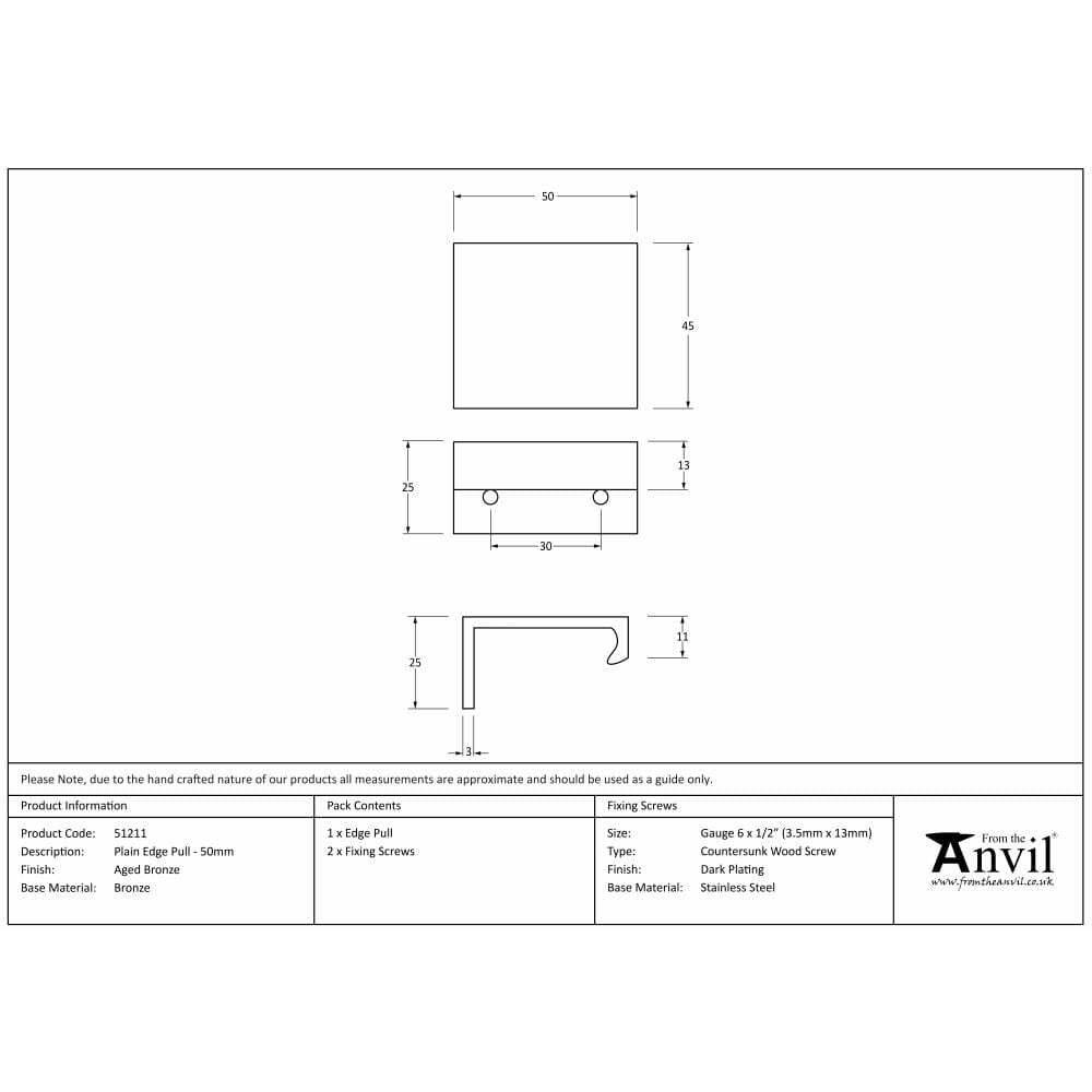 From The Anvil Cabinet Hardware Aged Bronze / Edge Pull / 50mm From The Anvil - Aged Bronze 50mm Plain Edge Pull