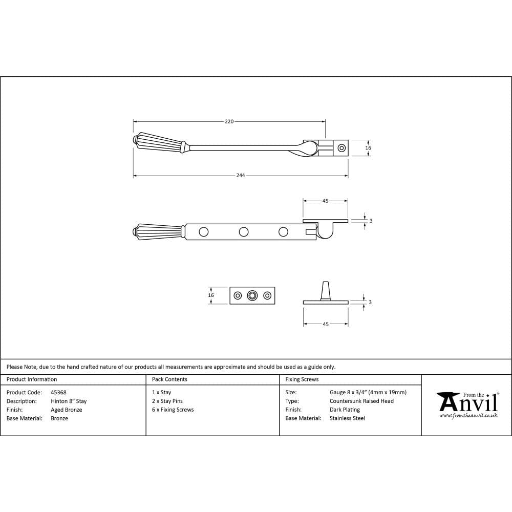 From The Anvil Window Furniture Aged Bronze / 8"/200mm From The Anvil - Aged Bronze 8" Hinton Stay