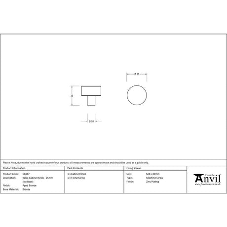 From The Anvil Cabinet Hardware Aged Bronze / Cabinet Knobs / 25mm Dia. From The Anvil - Aged Bronze Kelso Cabinet Knob - 25mm (No rose)