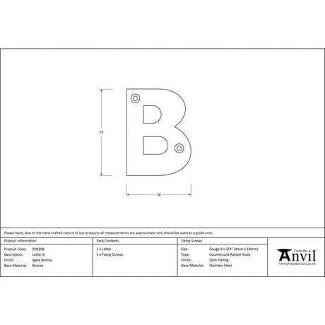 From The Anvil Door Furniture Aged Bronze / Letters / B From The Anvil - Aged Bronze Letter B