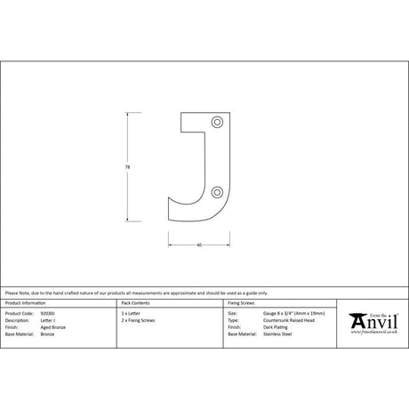 From The Anvil Door Furniture Aged Bronze / Letters / J From The Anvil - Aged Bronze Letter J