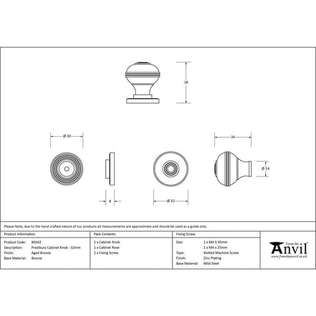 From The Anvil Cabinet Hardware Aged Bronze / Cabinet Knobs / 32mm Dia. From The Anvil - Aged Bronze Prestbury Cabinet Knob 32mm
