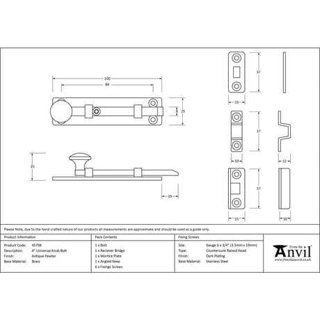 From The Anvil Accessories Antique Pewter / Straight Surface Bolts / 100mm / 4" From The Anvil - Antique Pewter 4" Universal Bolt