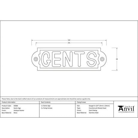 From The Anvil Door Furniture Antique Pewter / Signs From The Anvil - Antique Pewter Gents Sign