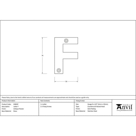 From The Anvil Door Furniture Antique Pewter / Letters / F From The Anvil - Antique Pewter Letter F