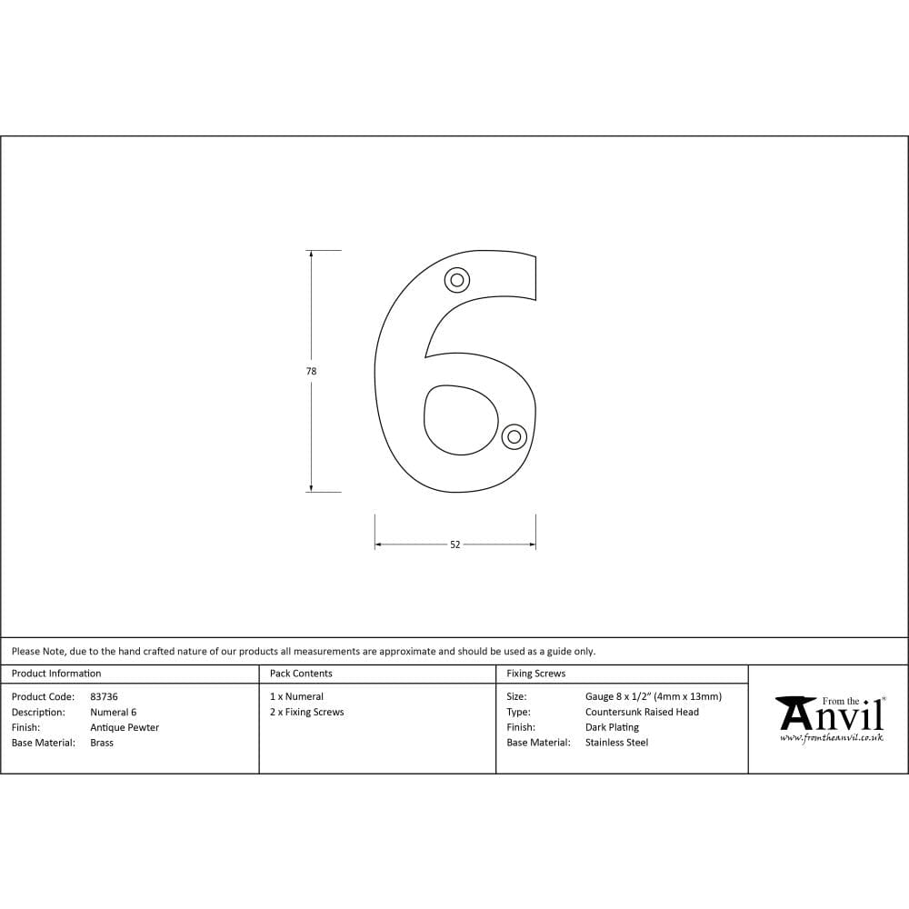 From The Anvil Door Furniture Antique Pewter / Numerals / 6 From The Anvil - Antique Pewter Numeral 6