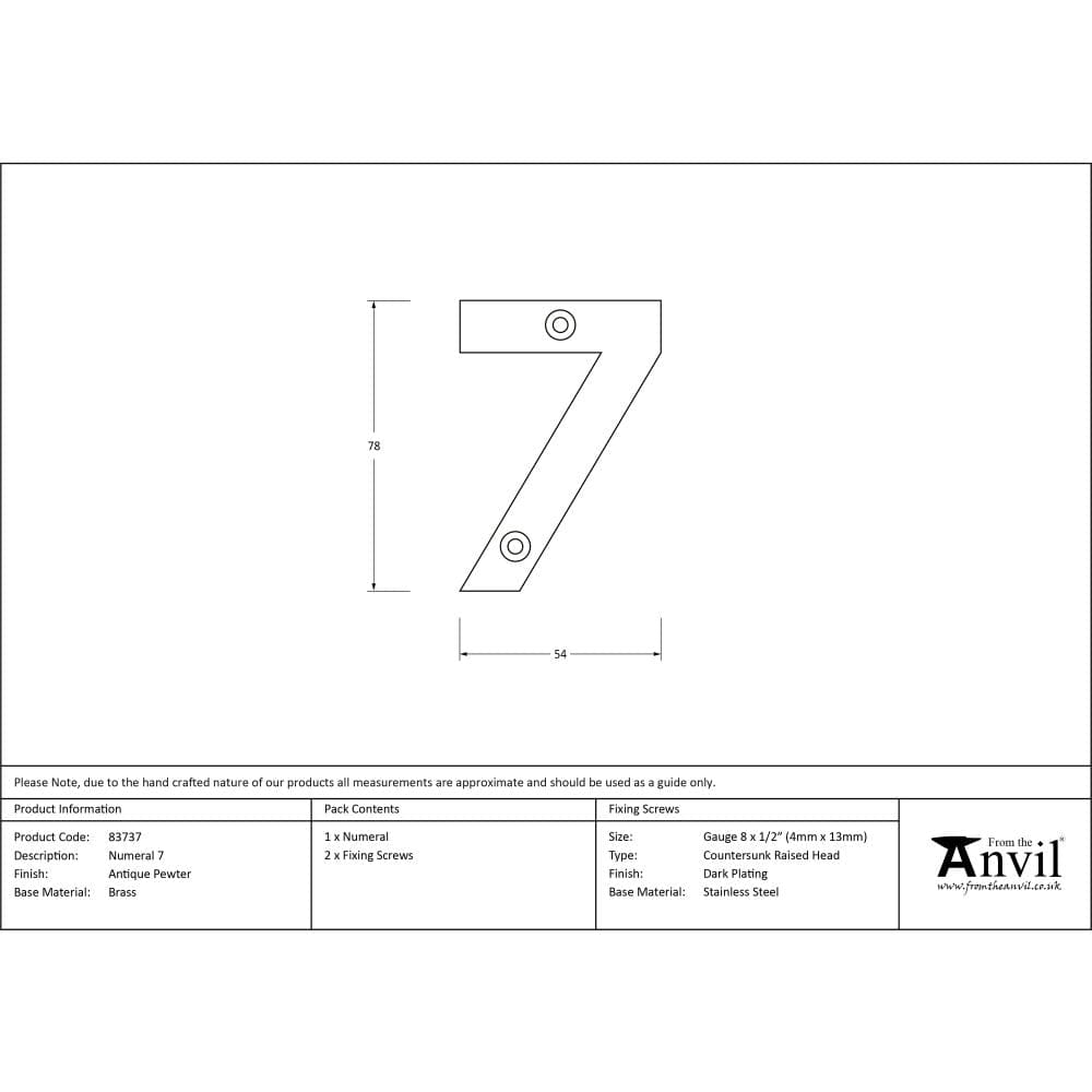 From The Anvil Door Furniture Antique Pewter / Numerals / 7 From The Anvil - Antique Pewter Numeral 7