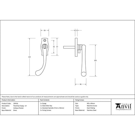From The Anvil Window Furniture Antique Pewter / Left Hand / Yes From The Anvil - Antique Pewter Peardrop Espag - LH