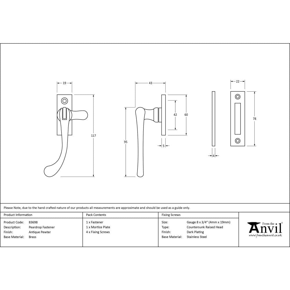 From The Anvil Window Furniture Antique Pewter / No / Mortice & Hook Place From The Anvil - Antique Pewter Peardrop Fastener